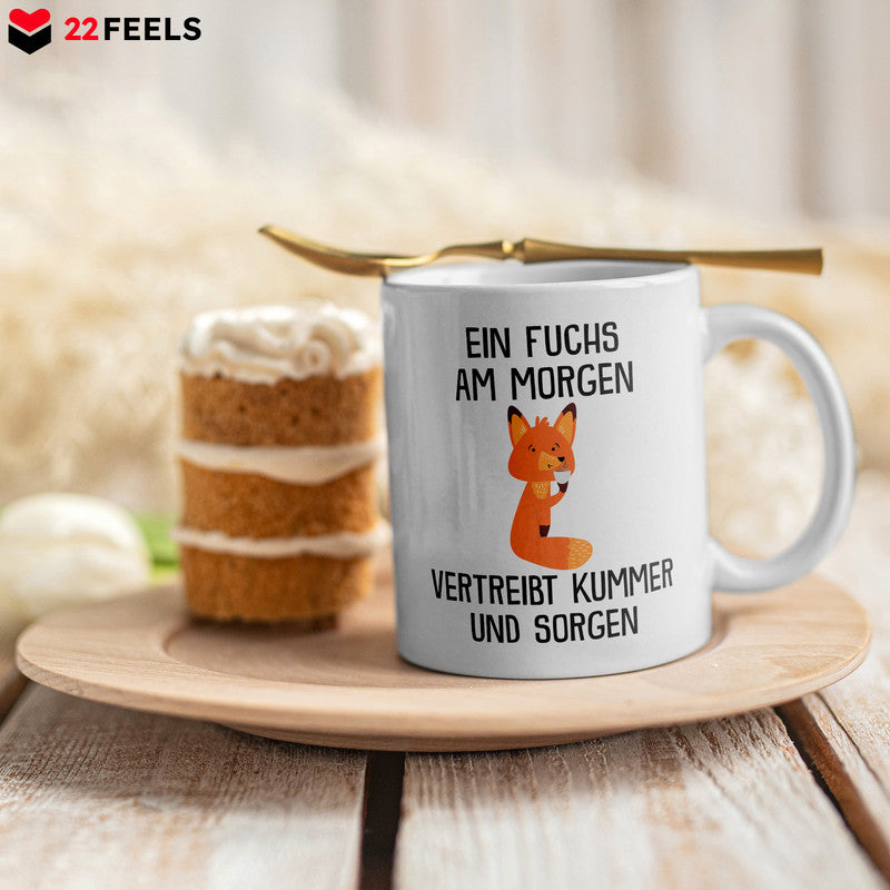 22Feels® Tasse mit Fuchs Tiermotiv - Büro Geschenkidee - Spruch: Kummer und Sorgen (Weiss, 320ml)-Weisse Tasse 320ml-22Feels