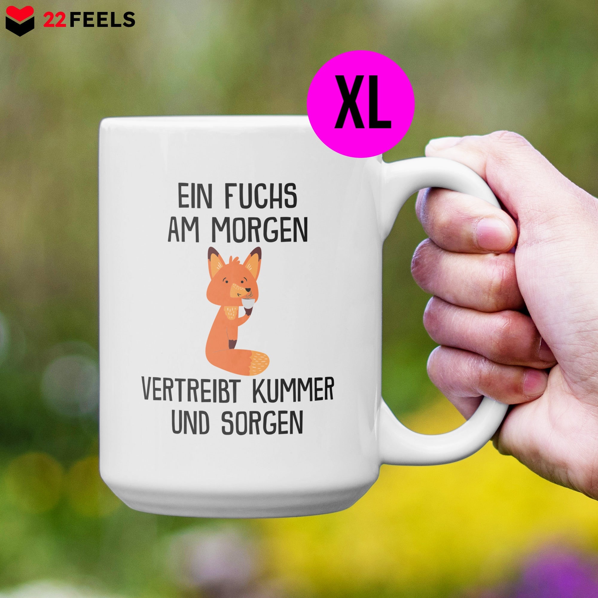 22Feels® XL Tasse mit Fuchs Tiermotiv - Büro Geschenkidee - Spruch: Kummer und Sorgen (Weiss, 440ml)-Weisse XL Tasse 440ml-22Feels