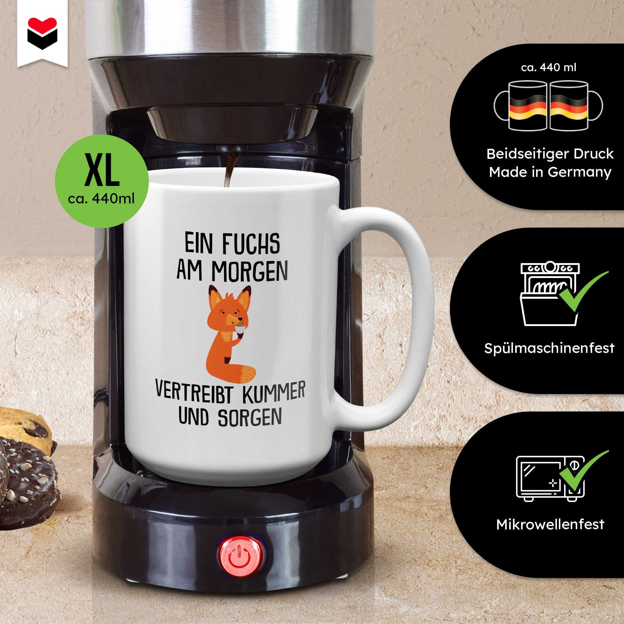 22Feels® XL Tasse mit Fuchs Tiermotiv - Büro Geschenkidee - Spruch: Kummer und Sorgen (Weiss, 440ml)-Weisse XL Tasse 440ml-22Feels