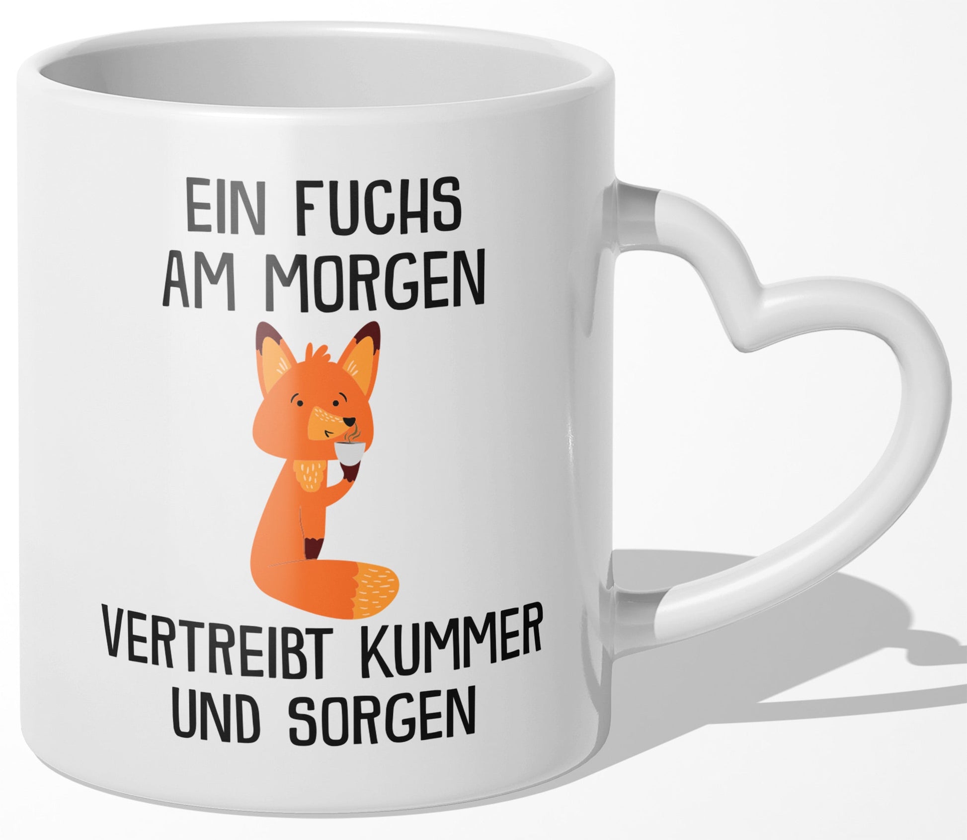 22Feels® Tasse mit Fuchs Tiermotiv - Büro Geschenkidee - Spruch: Kummer und Sorgen (Herzhenkel, Weiss, 320ml)-Tasse Weiss Herzhenkel 320ml-22Feels