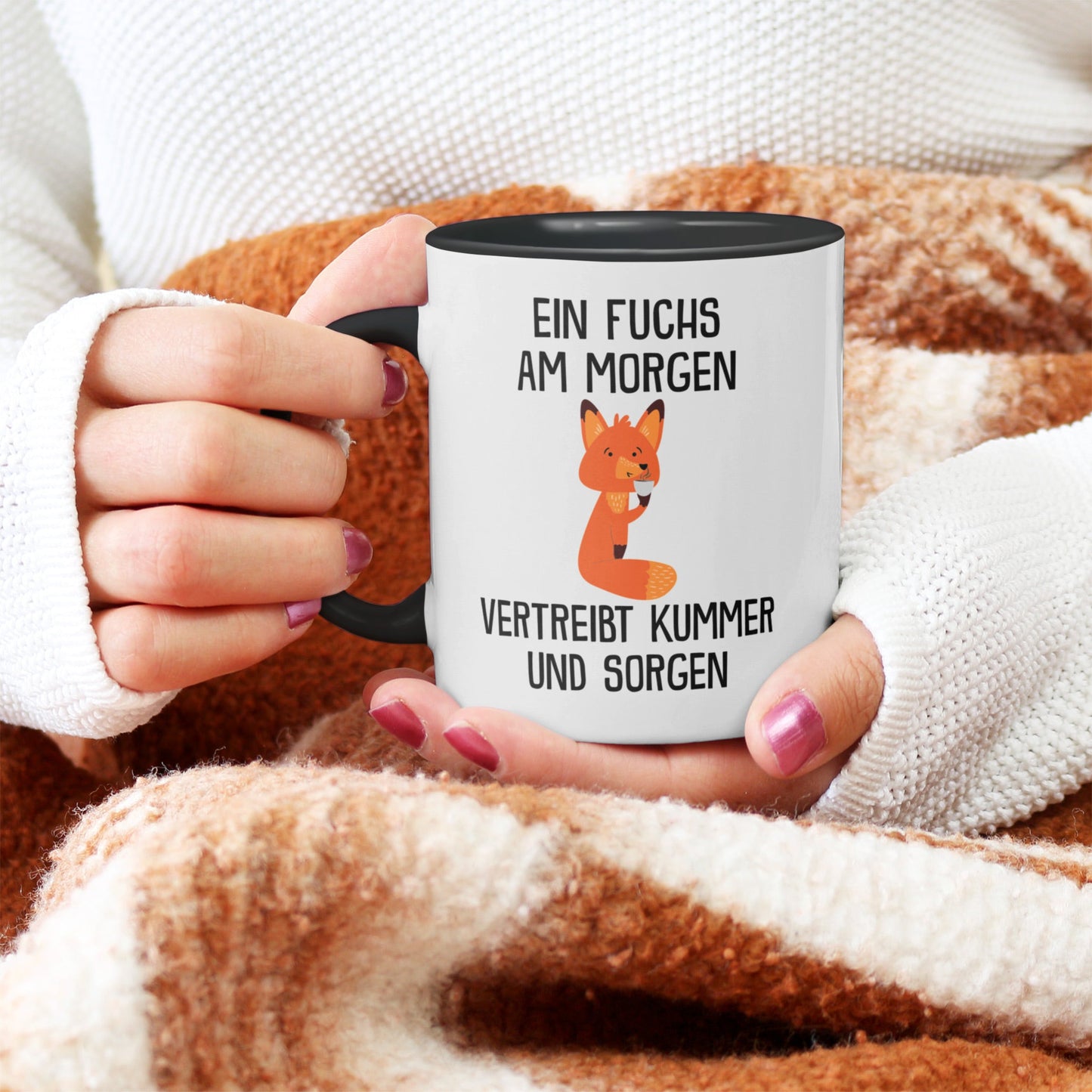 22Feels® Tasse mit Fuchs Tiermotiv - Büro Geschenkidee - Spruch: Kummer und Sorgen (Weiss-Schwarz, 320ml)-TwoTone Tasse Weiss-Schwarz 320ml-22Feels