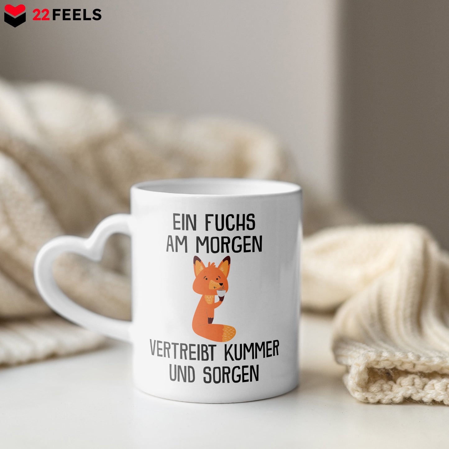22Feels® Tasse mit Fuchs Tiermotiv - Büro Geschenkidee - Spruch: Kummer und Sorgen (Herzhenkel, Weiss, 320ml)-Tasse Weiss Herzhenkel 320ml-22Feels