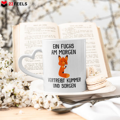 22Feels® Tasse mit Fuchs Tiermotiv - Büro Geschenkidee - Spruch: Kummer und Sorgen (Herzhenkel, Weiss, 320ml)-Tasse Weiss Herzhenkel 320ml-22Feels