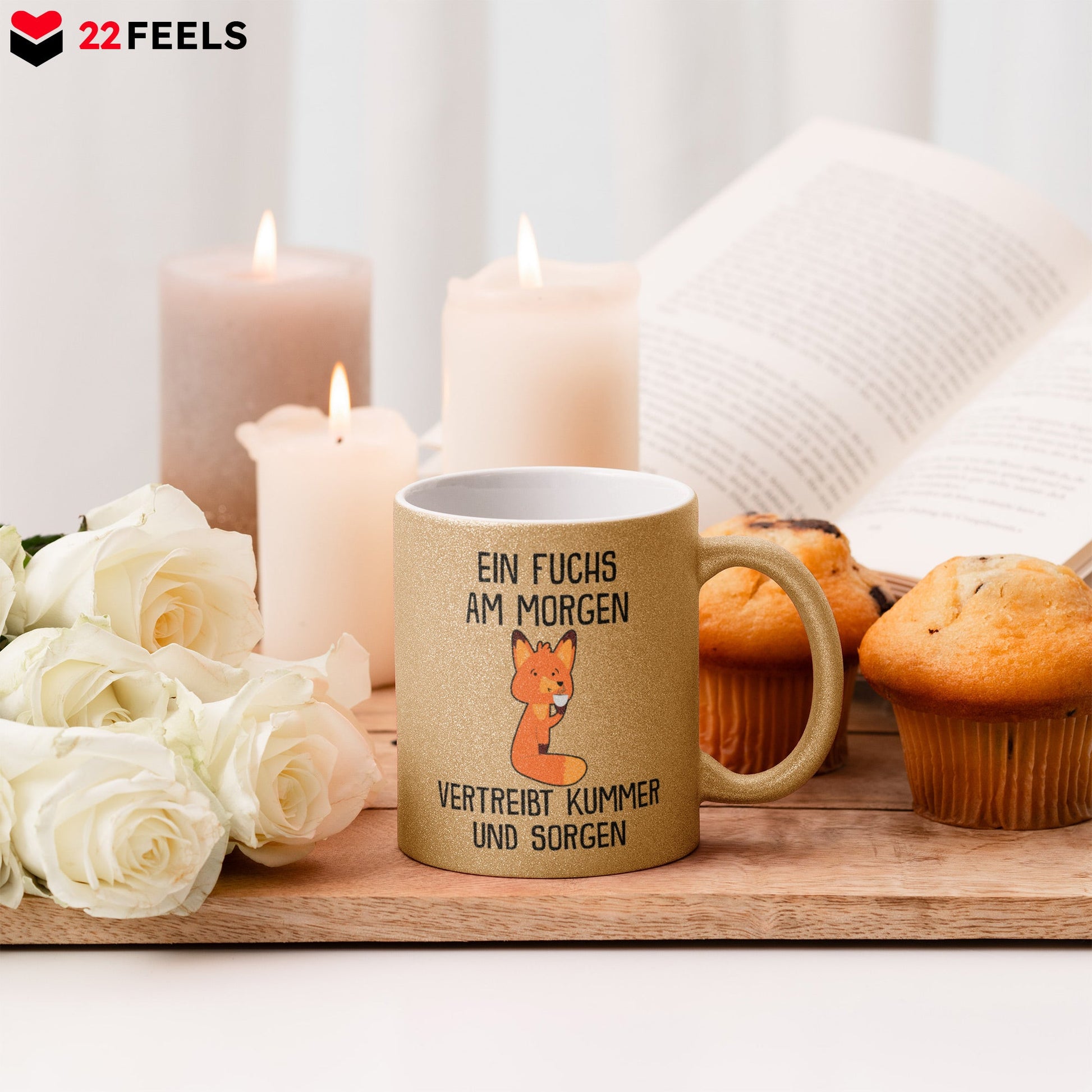 22Feels® Glitzertasse mit Fuchs Tiermotiv - Büro Geschenkidee - Spruch: Kummer und Sorgen (Gold, 320ml)-Glitzertasse Gold 320ml-22Feels