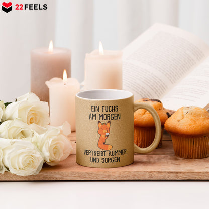 22Feels® Glitzertasse mit Fuchs Tiermotiv - Büro Geschenkidee - Spruch: Kummer und Sorgen (Gold, 320ml)-Glitzertasse Gold 320ml-22Feels