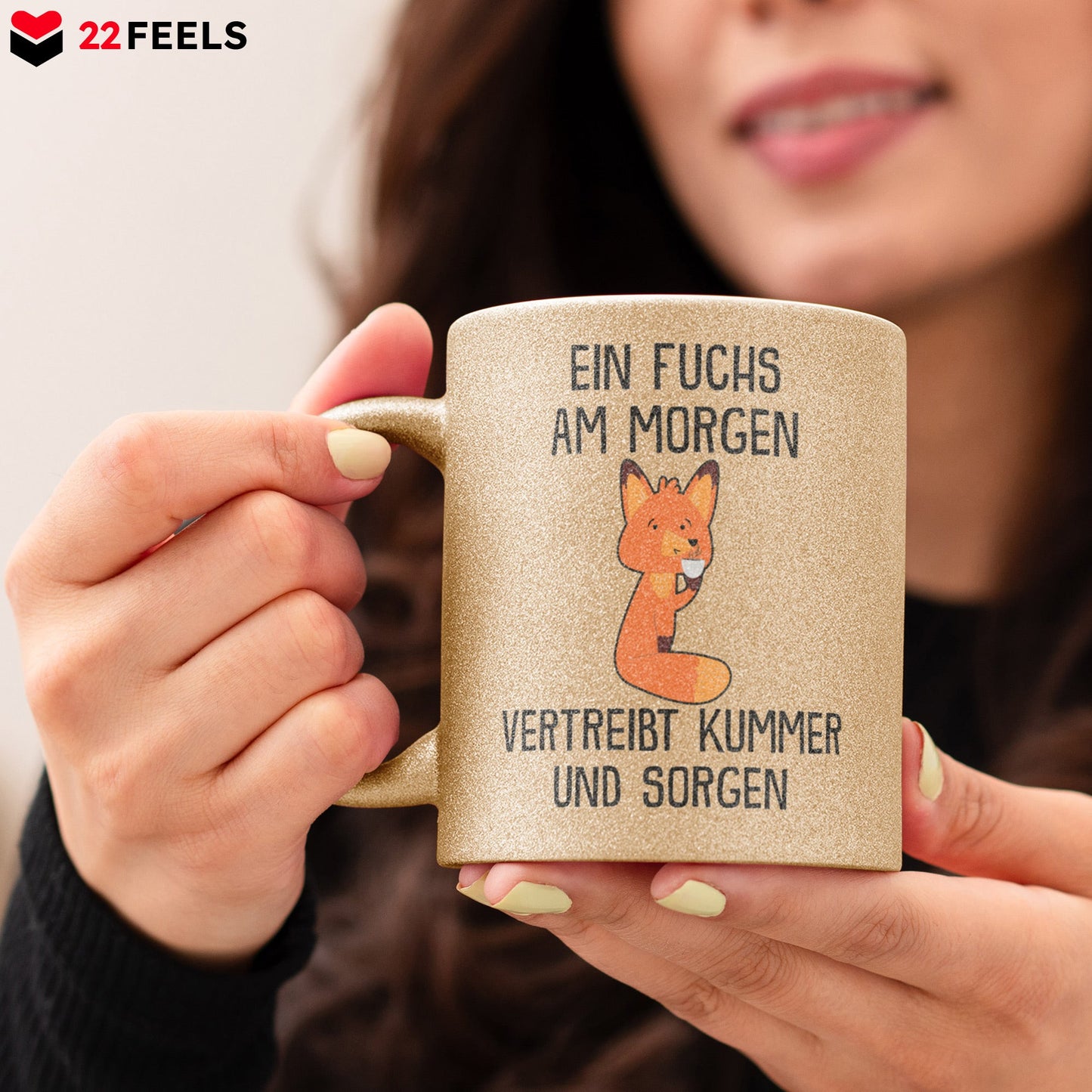 22Feels® Glitzertasse mit Fuchs Tiermotiv - Büro Geschenkidee - Spruch: Kummer und Sorgen (Gold, 320ml)-Glitzertasse Gold 320ml-22Feels