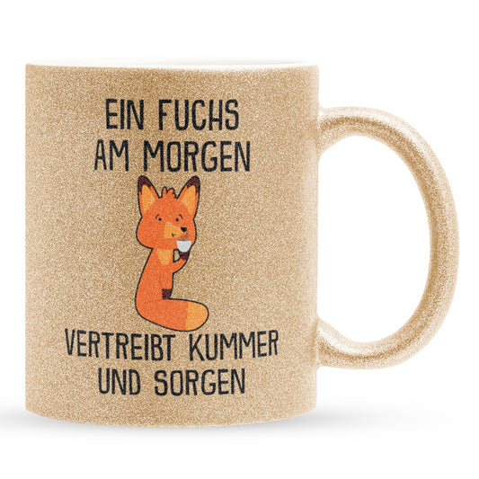 22Feels® Glitzertasse mit Fuchs Tiermotiv - Büro Geschenkidee - Spruch: Kummer und Sorgen (Gold, 320ml)-Glitzertasse Gold 320ml-22Feels