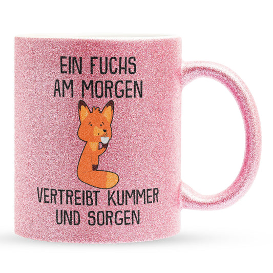 22Feels® Glitzertasse mit Fuchs Tiermotiv - Büro Geschenkidee - Spruch: Kummer und Sorgen (Pink, 320ml)-Glitzertasse Pink 320ml-22Feels