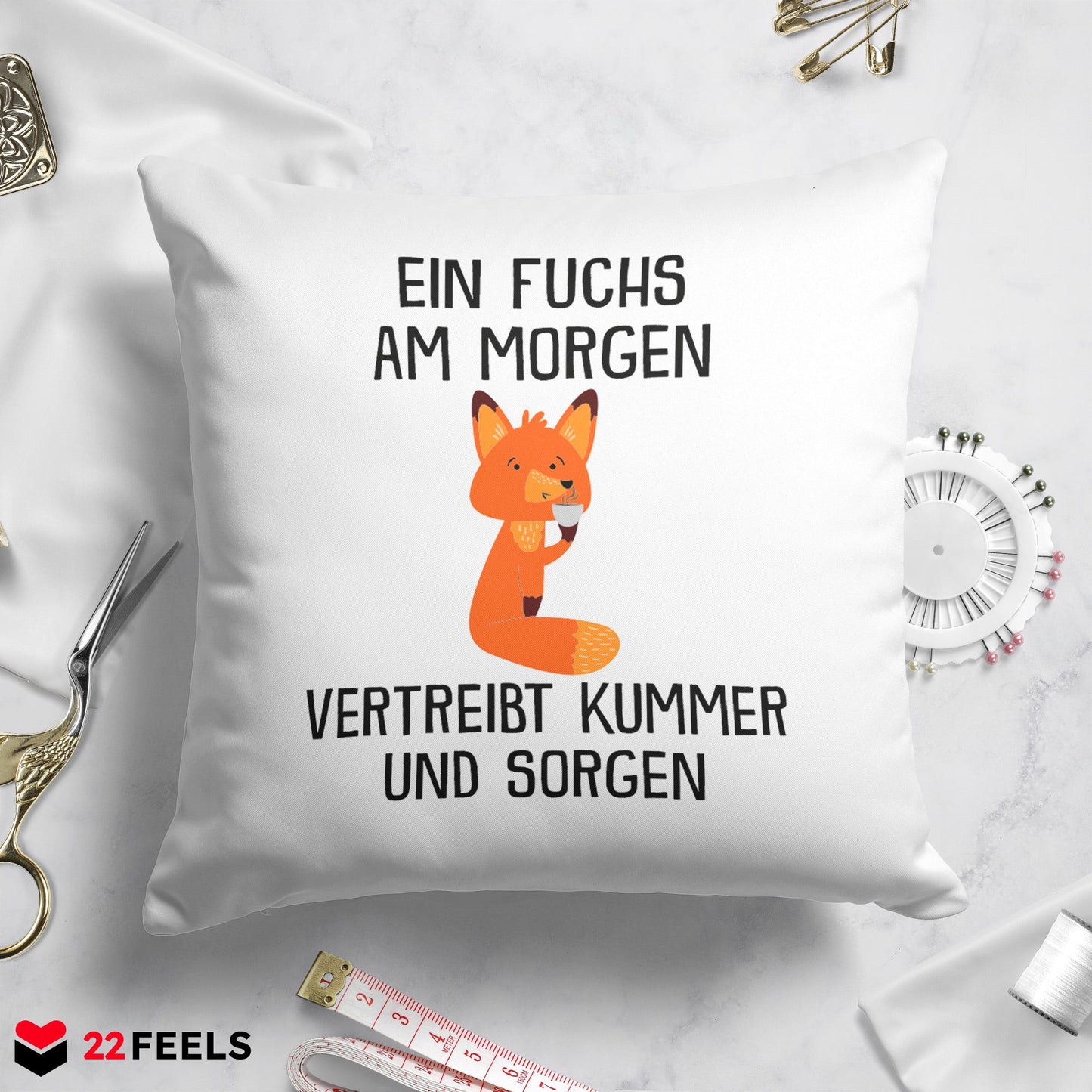 22Feels® Kissen mit Fuchs Tiermotiv - Büro Geschenkidee - Spruch: Kummer und Sorgen (Weiss, 40x40cm)-Kissen Weiss 40x40-22Feels