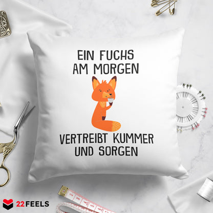 22Feels® Kissen mit Fuchs Tiermotiv - Büro Geschenkidee - Spruch: Kummer und Sorgen (Weiss, 40x40cm)-Kissen Weiss 40x40-22Feels