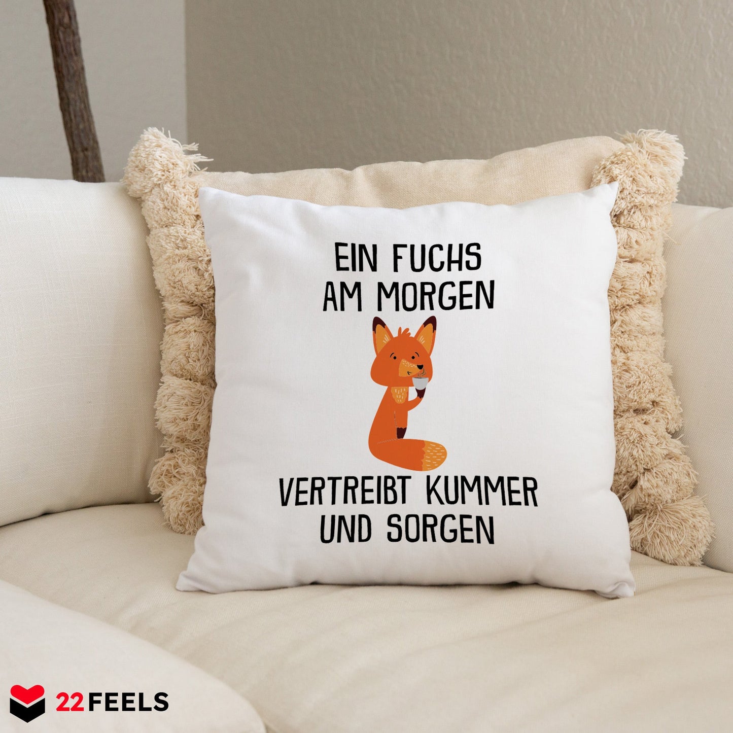 22Feels® Kissen mit Fuchs Tiermotiv - Büro Geschenkidee - Spruch: Kummer und Sorgen (Weiss, 40x40cm)-Kissen Weiss 40x40-22Feels