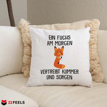 22Feels® Kissen mit Fuchs Tiermotiv - Büro Geschenkidee - Spruch: Kummer und Sorgen (Weiss, 40x40cm)-Kissen Weiss 40x40-22Feels