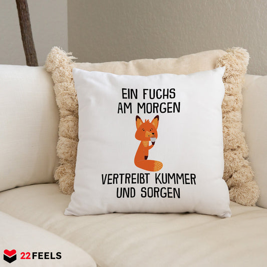 22Feels® Kissen mit Fuchs Tiermotiv - Büro Geschenkidee - Spruch: Kummer und Sorgen (Weiss, 40x40cm)-Kissen Weiss 40x40-22Feels