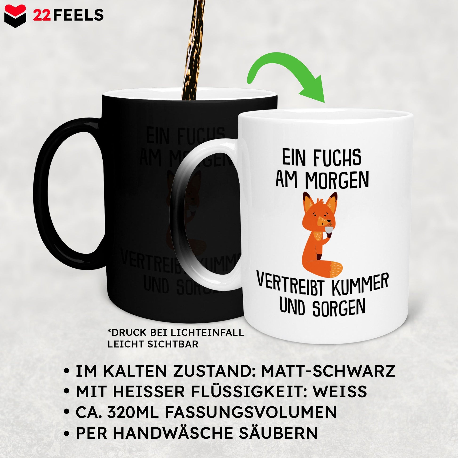 22Feels® Zaubertasse mit Fuchs Tiermotiv - Büro Geschenkidee - Spruch: Kummer und Sorgen (Matt-Schwarz und Weiss, 320ml)-Farbwechsel Tasse Matt 320ml-22Feels