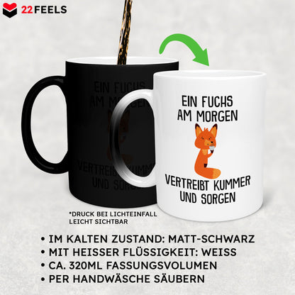 22Feels® Zaubertasse mit Fuchs Tiermotiv - Büro Geschenkidee - Spruch: Kummer und Sorgen (Matt-Schwarz und Weiss, 320ml)-Farbwechsel Tasse Matt 320ml-22Feels