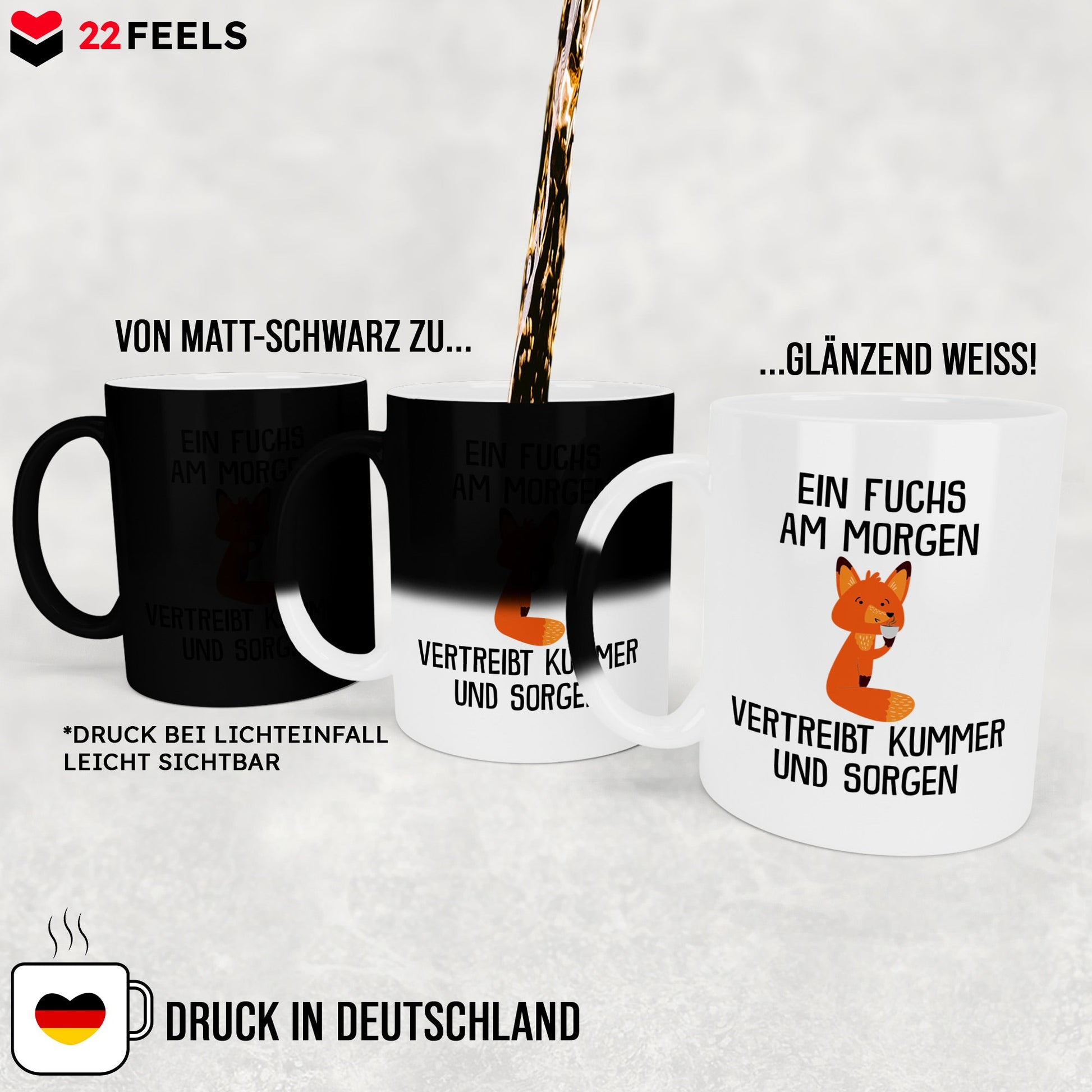 22Feels® Zaubertasse mit Fuchs Tiermotiv - Büro Geschenkidee - Spruch: Kummer und Sorgen (Matt-Schwarz und Weiss, 320ml)-Farbwechsel Tasse Matt 320ml-22Feels