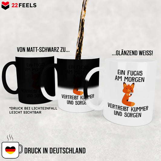 22Feels® Zaubertasse mit Fuchs Tiermotiv - Büro Geschenkidee - Spruch: Kummer und Sorgen (Matt-Schwarz und Weiss, 320ml)-Farbwechsel Tasse Matt 320ml-22Feels