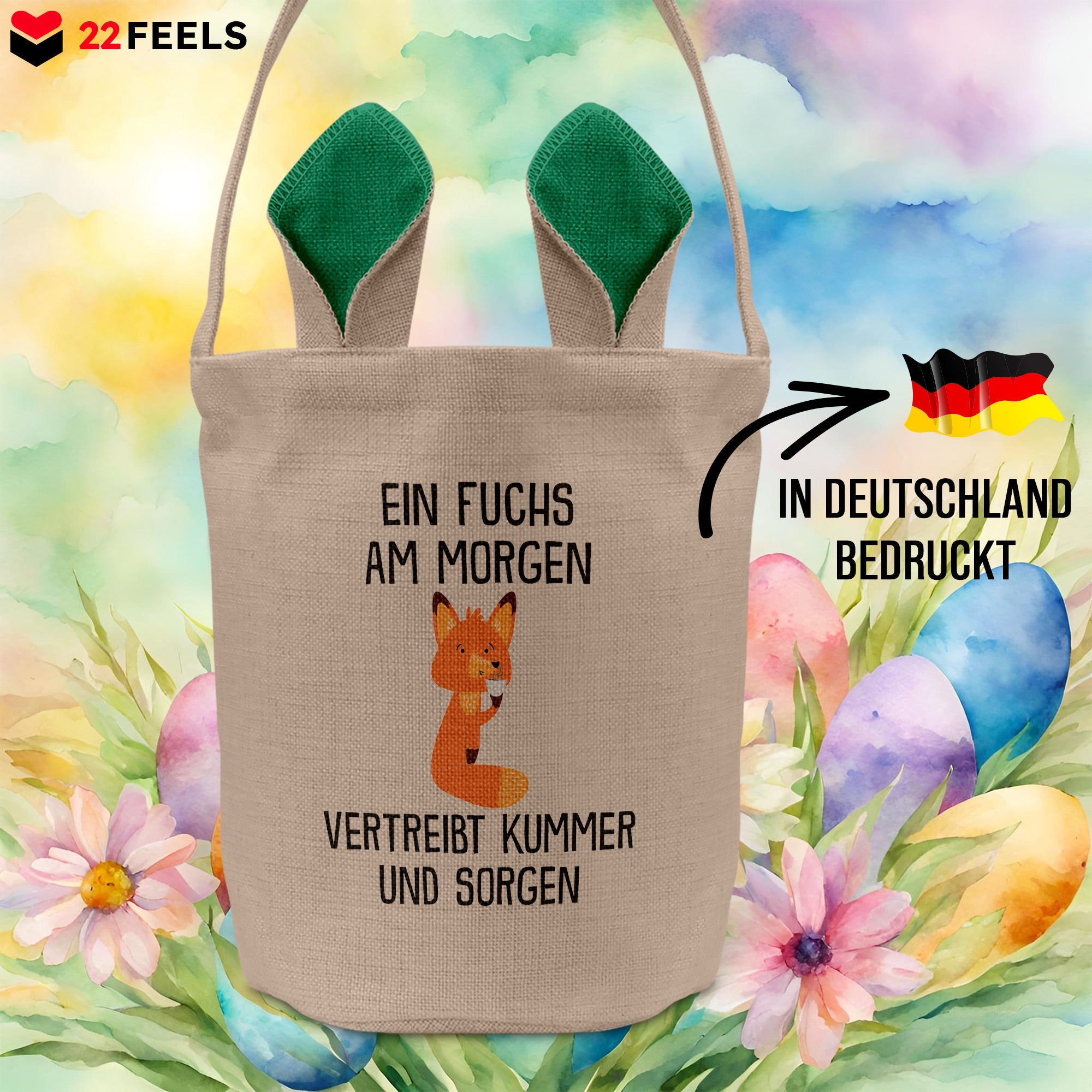 22Feels® Lustiger Osterkorb mit Henkel Fuchs Tasche Frauen Männer mit Henkel Ostergeschenk Tragetasche Ostern Deko Osternest Körbchen Hasenohren (Beige/Grün)-Ostern Tragetasche-22Feels