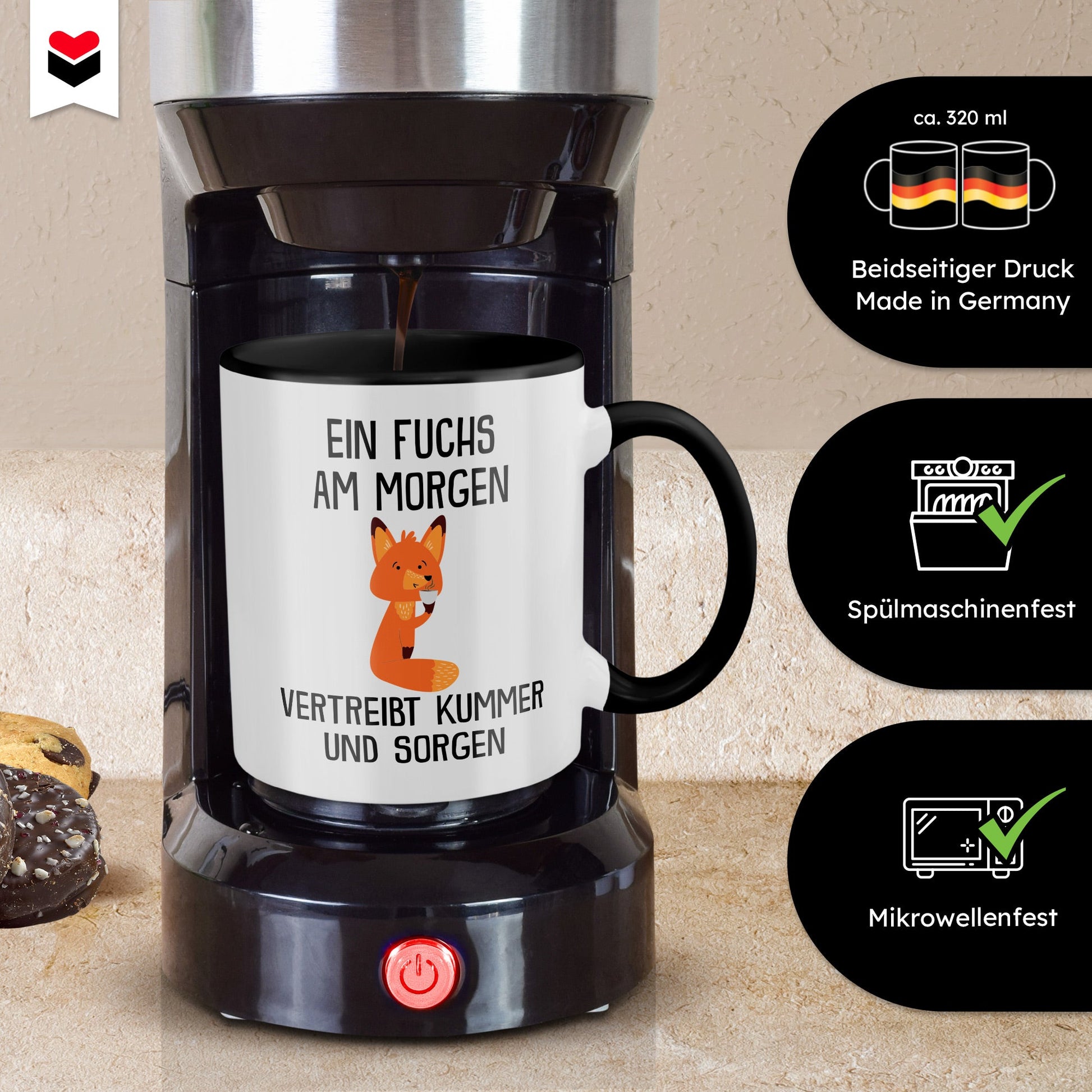 22Feels® Tasse mit Fuchs Tiermotiv - Büro Geschenkidee - Spruch: Kummer und Sorgen (Weiss-Schwarz, 320ml)-TwoTone Tasse Weiss-Schwarz 320ml-22Feels