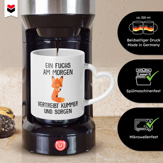 22Feels® Tasse mit Fuchs Tiermotiv - Büro Geschenkidee - Spruch: Kummer und Sorgen (Herzhenkel, Weiss, 320ml)-Tasse Weiss Herzhenkel 320ml-22Feels