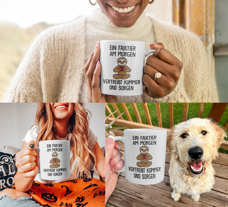 22Feels® Tasse mit Faultier Tiermotiv - Büro Geschenkidee - Spruch: Kummer und Sorgen (Weiss, 320ml)-Weisse Tasse 320ml-22Feels