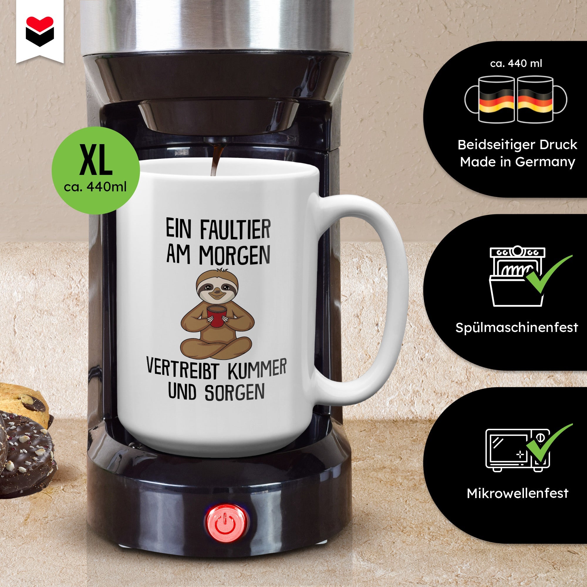 22Feels® XL Tasse mit Faultier Tiermotiv - Büro Geschenkidee - Spruch: Kummer und Sorgen (Weiss, 440ml)-Weisse XL Tasse 440ml-22Feels