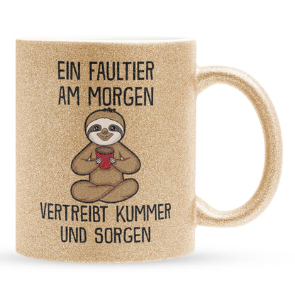 22Feels® Glitzertasse mit Faultier Tiermotiv - Büro Geschenkidee - Spruch: Kummer und Sorgen (Gold, 320ml)-Glitzertasse Gold 320ml-22Feels