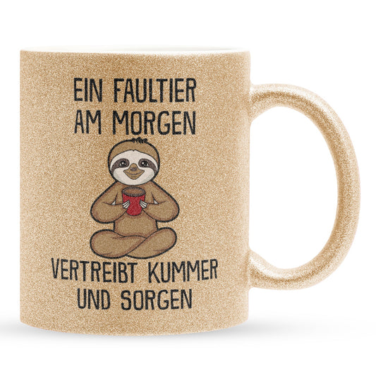 22Feels® Glitzertasse mit Faultier Tiermotiv - Büro Geschenkidee - Spruch: Kummer und Sorgen (Gold, 320ml)-Glitzertasse Gold 320ml-22Feels