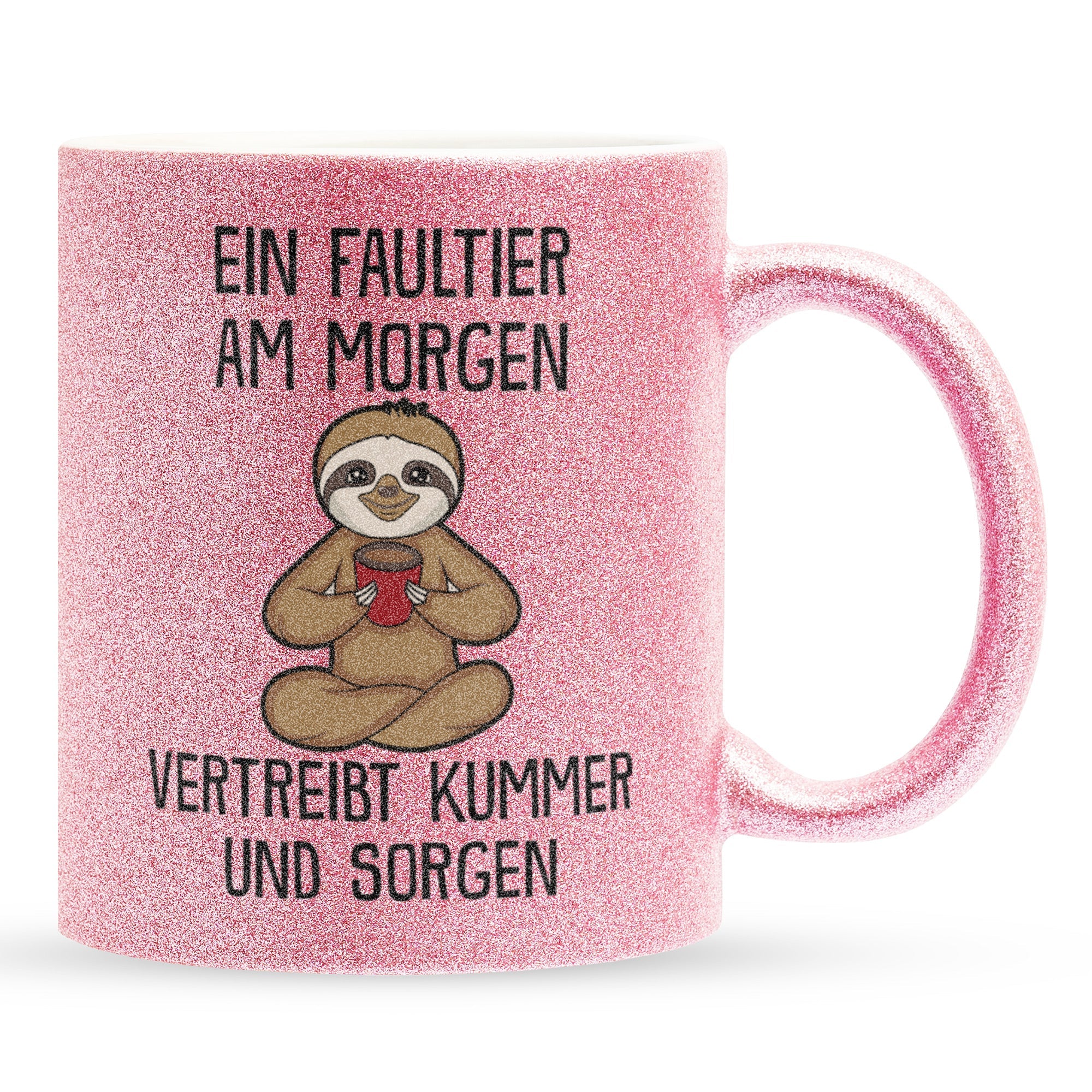 22Feels® Glitzertasse mit Faultier Tiermotiv - Büro Geschenkidee - Spruch: Kummer und Sorgen (Pink, 320ml)-Glitzertasse Pink 320ml-22Feels