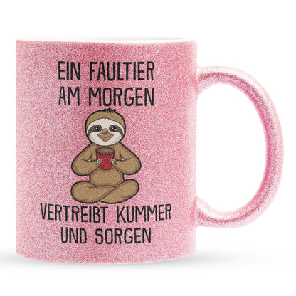 22Feels® Glitzertasse mit Faultier Tiermotiv - Büro Geschenkidee - Spruch: Kummer und Sorgen (Pink, 320ml)-Glitzertasse Pink 320ml-22Feels