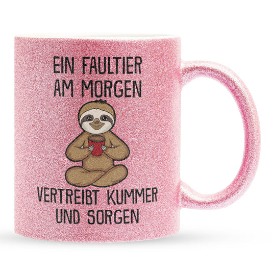 22Feels® Glitzertasse mit Faultier Tiermotiv - Büro Geschenkidee - Spruch: Kummer und Sorgen (Pink, 320ml)-Glitzertasse Pink 320ml-22Feels