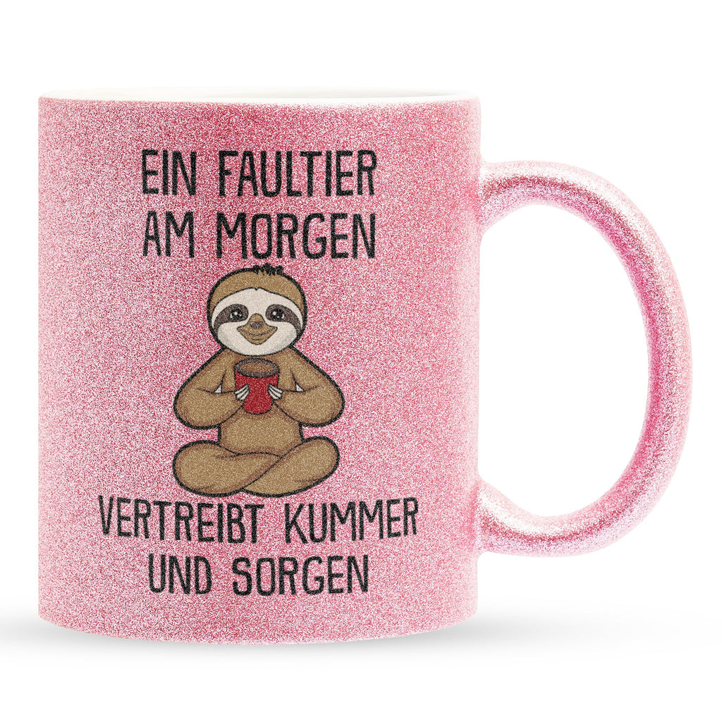22Feels® Glitzertasse mit Faultier Tiermotiv - Büro Geschenkidee - Spruch: Kummer und Sorgen (Pink, 320ml)-Glitzertasse Pink 320ml-22Feels