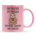 22Feels® Glitzertasse mit Faultier Tiermotiv - Büro Geschenkidee - Spruch: Kummer und Sorgen (Pink, 320ml)-Glitzertasse Pink 320ml-22Feels