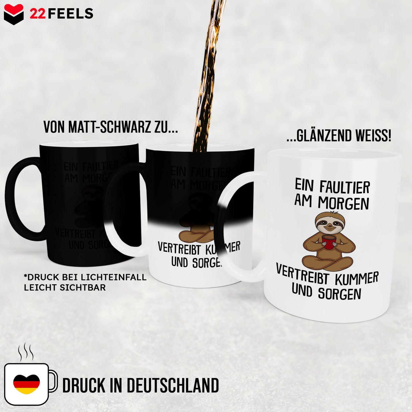 22Feels® Zaubertasse mit Faultier Tiermotiv - Büro Geschenkidee - Spruch: Kummer und Sorgen (Matt-Schwarz und Weiss, 320ml)-Farbwechsel Tasse Matt 320ml-22Feels