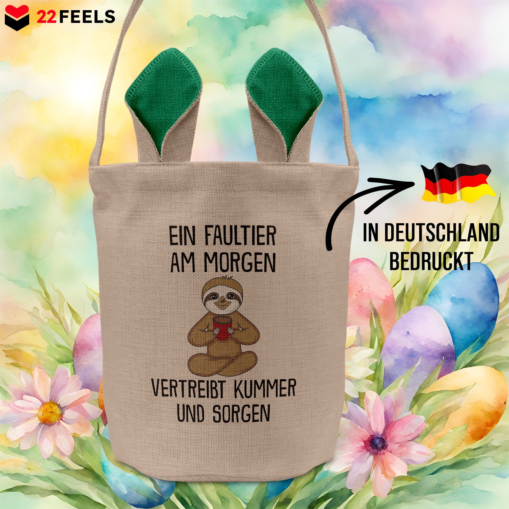 22Feels® Lustiger Osterkorb mit Henkel Faultier Tasche Frauen Männer mit Henkel Ostergeschenk Tragetasche Ostern Deko Osternest Körbchen Hasenohren (Beige/Grün)-Ostern Tragetasche-22Feels