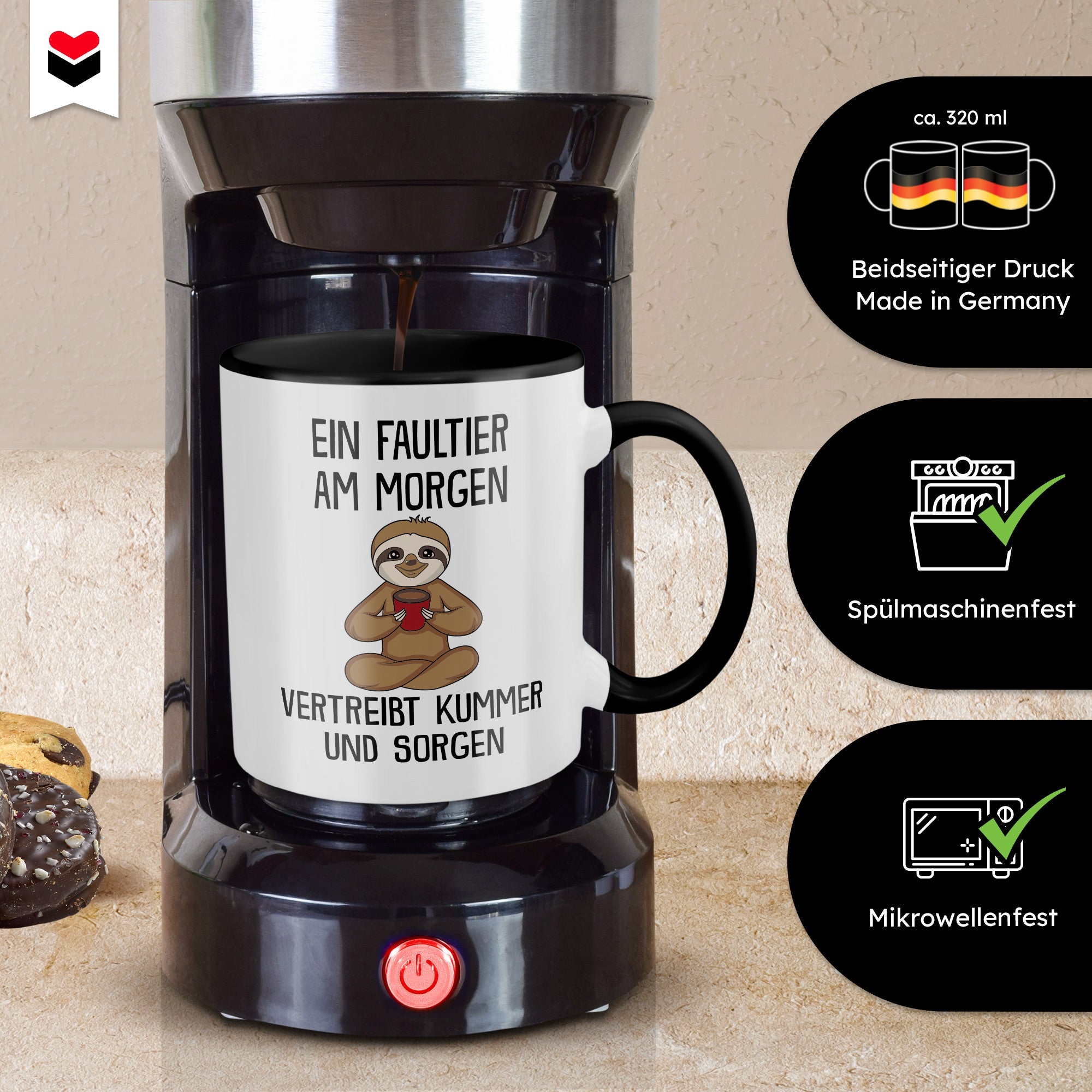 22Feels® Tasse mit Faultier Tiermotiv - Büro Geschenkidee - Spruch: Kummer und Sorgen (Weiss-Schwarz, 320ml)-TwoTone Tasse Weiss-Schwarz 320ml-22Feels