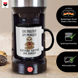 22Feels® Tasse mit Faultier Tiermotiv - Büro Geschenkidee - Spruch: Kummer und Sorgen (Weiss-Schwarz, 320ml)-TwoTone Tasse Weiss-Schwarz 320ml-22Feels