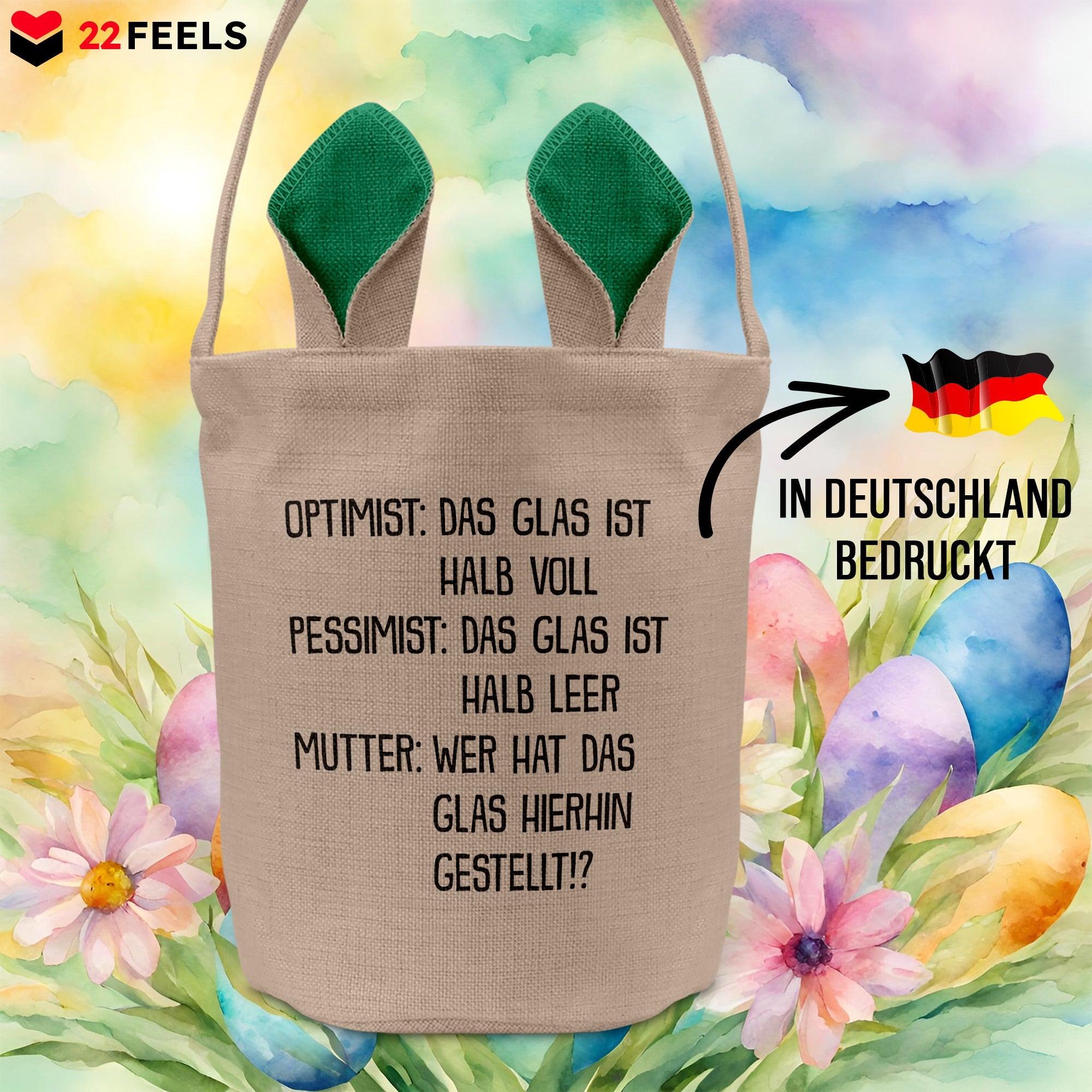 22Feels® Mama Osterkorb Mutter mit Henkel Ostergeschenk Tragetasche Ostern Deko Osternest Körbchen Hasenohren (Beige/Grün)-Ostern Tragetasche-22Feels