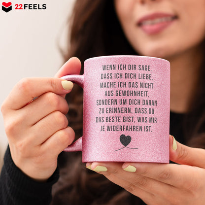 22Feels® Pärchen Geschenk zum Jahrestag, Hochzeitstag, Valentinstag etc. - Glitzertasse mit Spruch: Wenn ich dir sage, dass ich dich liebe (Pink, 320ml)-Glitzertasse Pink 320ml-22Feels