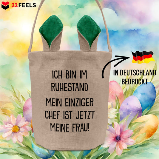 22Feels® Rentner Ehemann Rente Osterkorb mit Henkel Ostergeschenk Tragetasche Ostern Deko Osternest Körbchen Hasenohren (Beige/Grün)-Ostern Tragetasche-22Feels