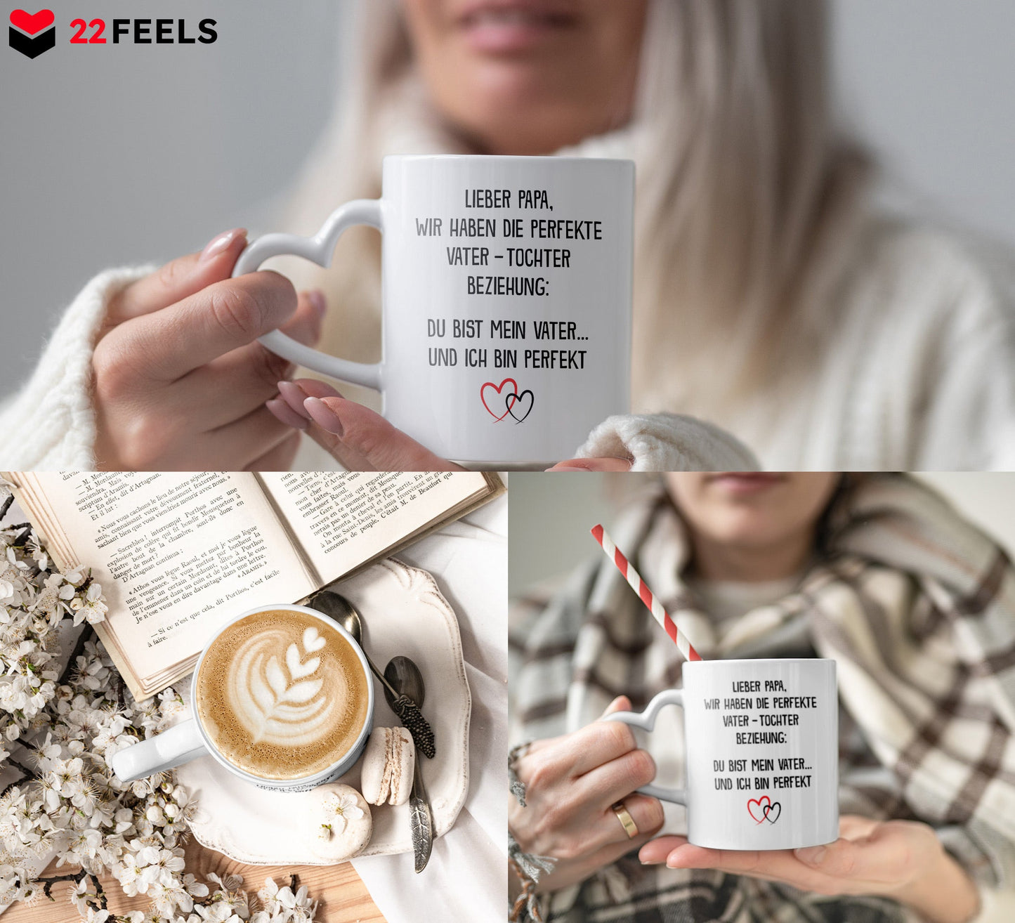 22Feels® Papa Geschenk von Tochter - Tasse mit Spruch (Herzhenkel, Weiss, 320ml)-Tasse Weiss Herzhenkel 320ml-22Feels