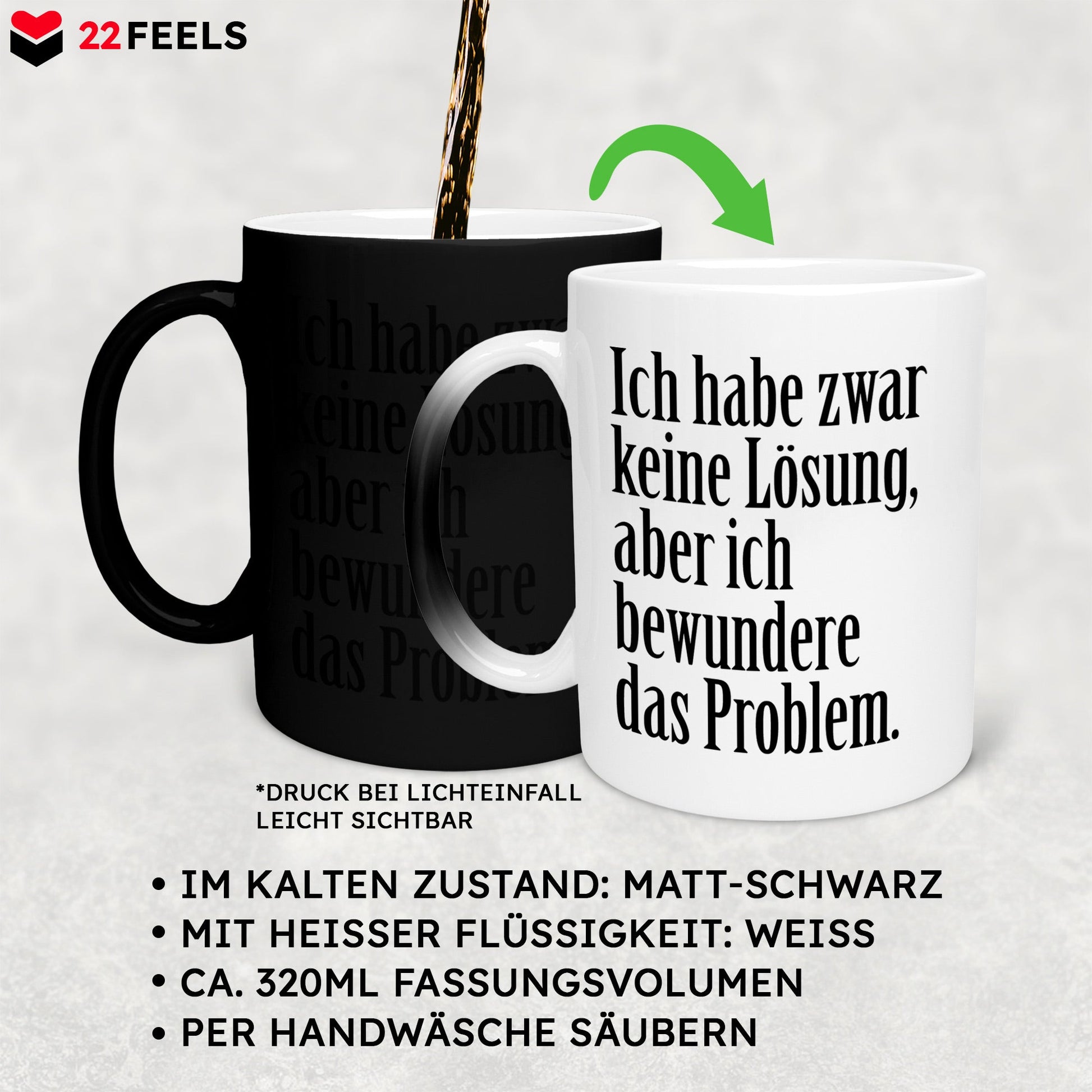 22Feels® Lustige Zaubertasse mit Spruch: Ich habe zwar keine Lösung - Büro Geschenkidee (Matt-Schwarz und Weiss, 320ml)-Farbwechsel Tasse Matt 320ml-22Feels