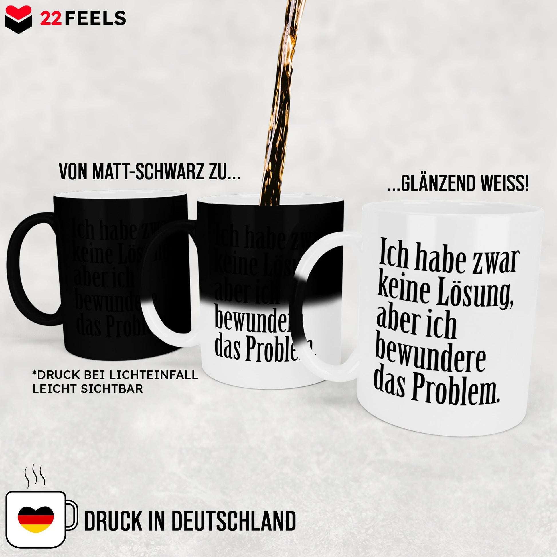 22Feels® Lustige Zaubertasse mit Spruch: Ich habe zwar keine Lösung - Büro Geschenkidee (Matt-Schwarz und Weiss, 320ml)-Farbwechsel Tasse Matt 320ml-22Feels