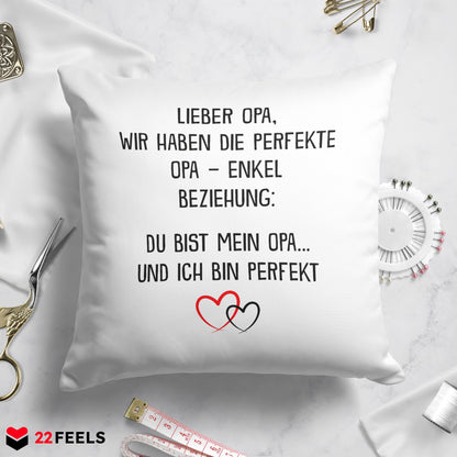 22Feels® Opa Geschenk von Enkel - Kissen mit Spruch: Perfekte Beziehung (Weiss 40x40cm)-Kissen Weiss 40x40-22Feels