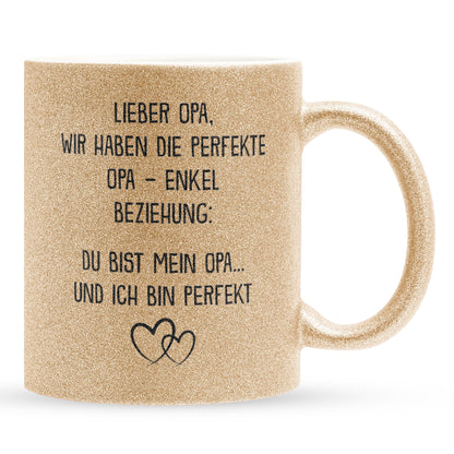 22Feels® Opa Geschenk von Enkel - Glitzertasse mit Spruch: Perfekte Beziehung (Gold, 320ml)-Glitzertasse Gold 320ml-22Feels