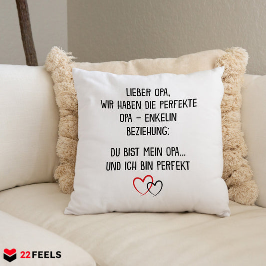 22Feels® Opa Geschenk von Enkelin - Kissen mit Spruch: Perfekte Beziehung (Weiss 40x40cm)-Kissen Weiss 40x40-22Feels