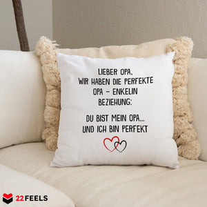 22Feels® Opa Geschenk von Enkelin - Kissen mit Spruch: Perfekte Beziehung (Weiss 40x40cm)-Kissen Weiss 40x40-22Feels