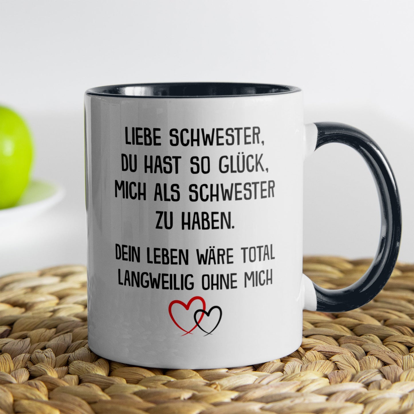 22Feels® Schwester Geschenk - Tasse mit Spruch: Glück mich zu haben (Weiss-Schwarz, 320ml)-TwoTone Tasse Weiss-Schwarz 320ml-22Feels