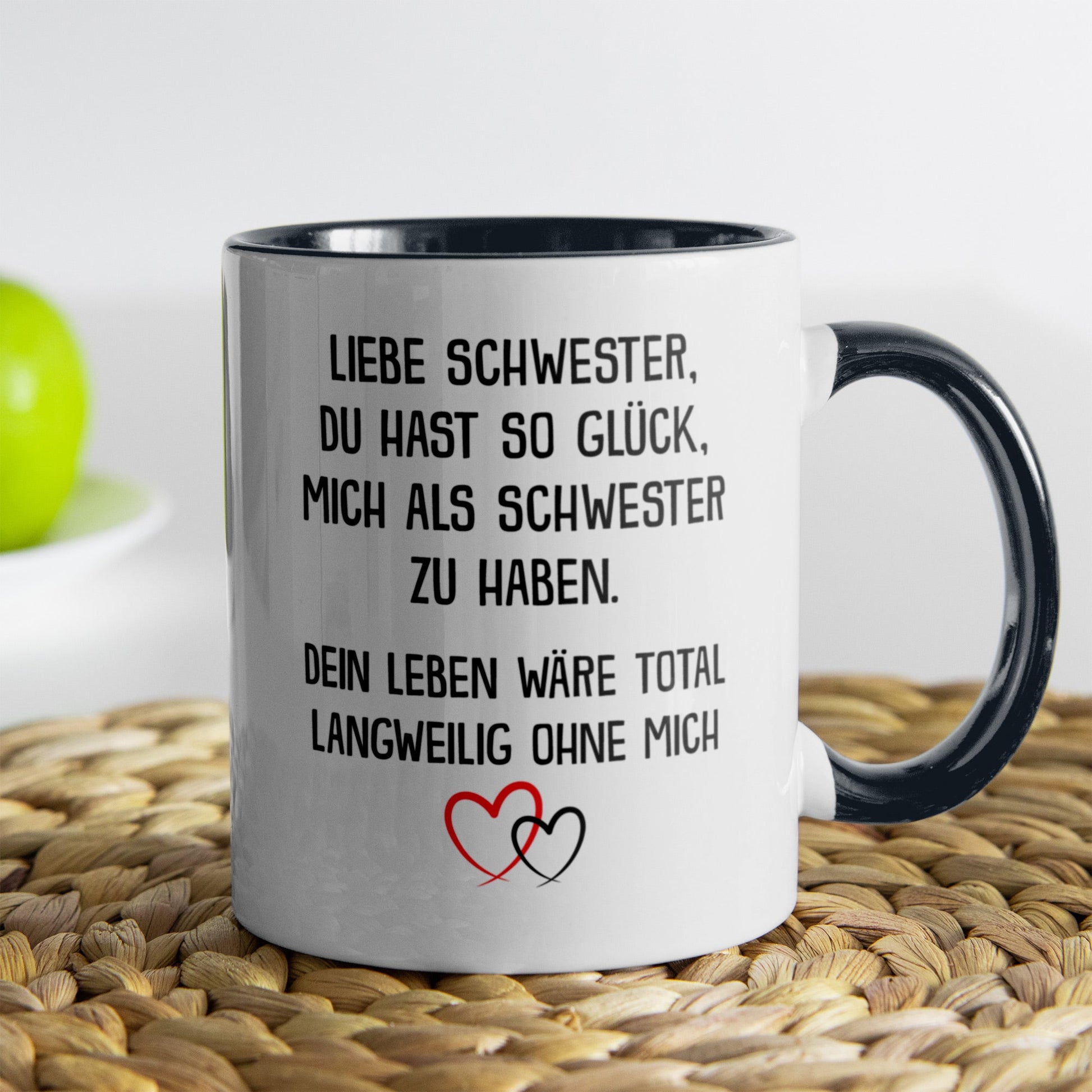 22Feels® Schwester Geschenk - Tasse mit Spruch: Glück mich zu haben (Weiss-Schwarz, 320ml)-TwoTone Tasse Weiss-Schwarz 320ml-22Feels