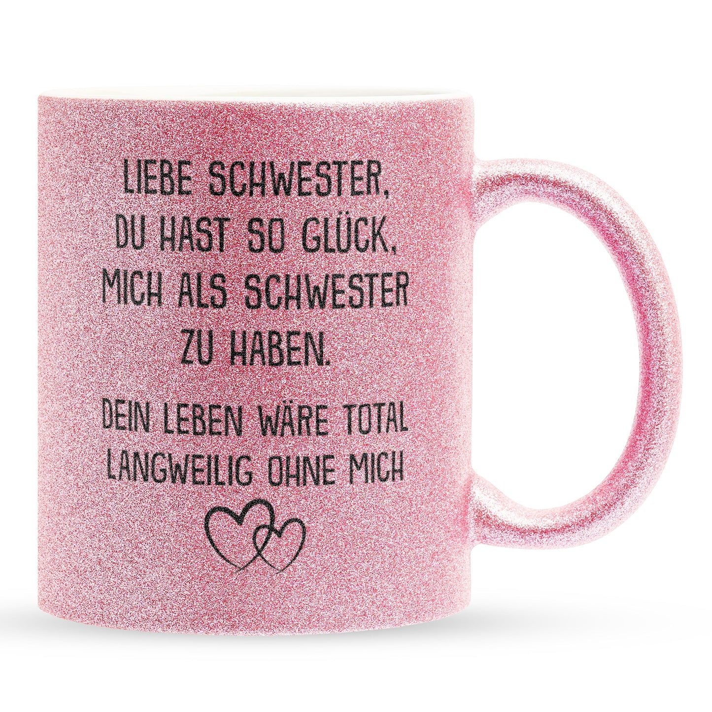 22Feels® Schwester Geschenk - Glitzertasse mit Spruch: Glück mich zu haben (Pink, 320ml)-Glitzertasse Pink 320ml-22Feels
